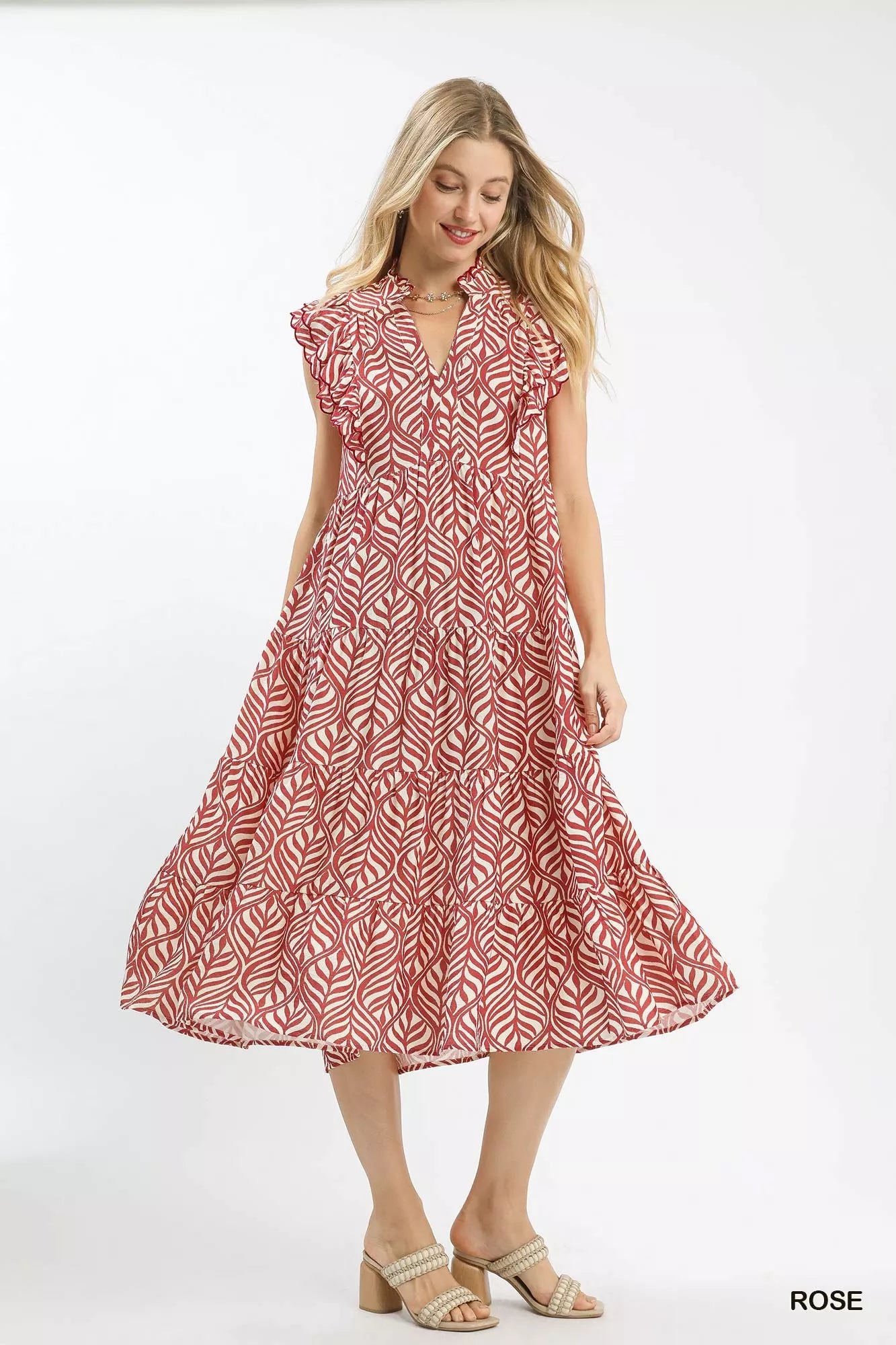 Umgee Leaf Print Tiered Midi Dress | Ruffle Detail | Centprime