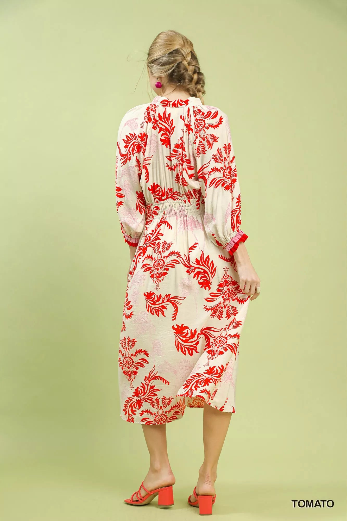 Back view of Umgee tropical print midi dress showing flowy silhouette and vibrant print
