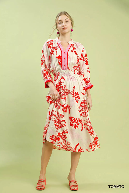 Umgee tropical print midi dress, front view showing button details, flowy fit, and vibrant summer pattern
