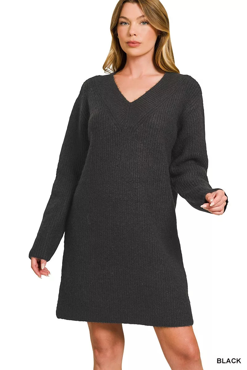 V-Neck Long Sleeve Ribbed Sweater Dress | Cozy Fall Fashion
