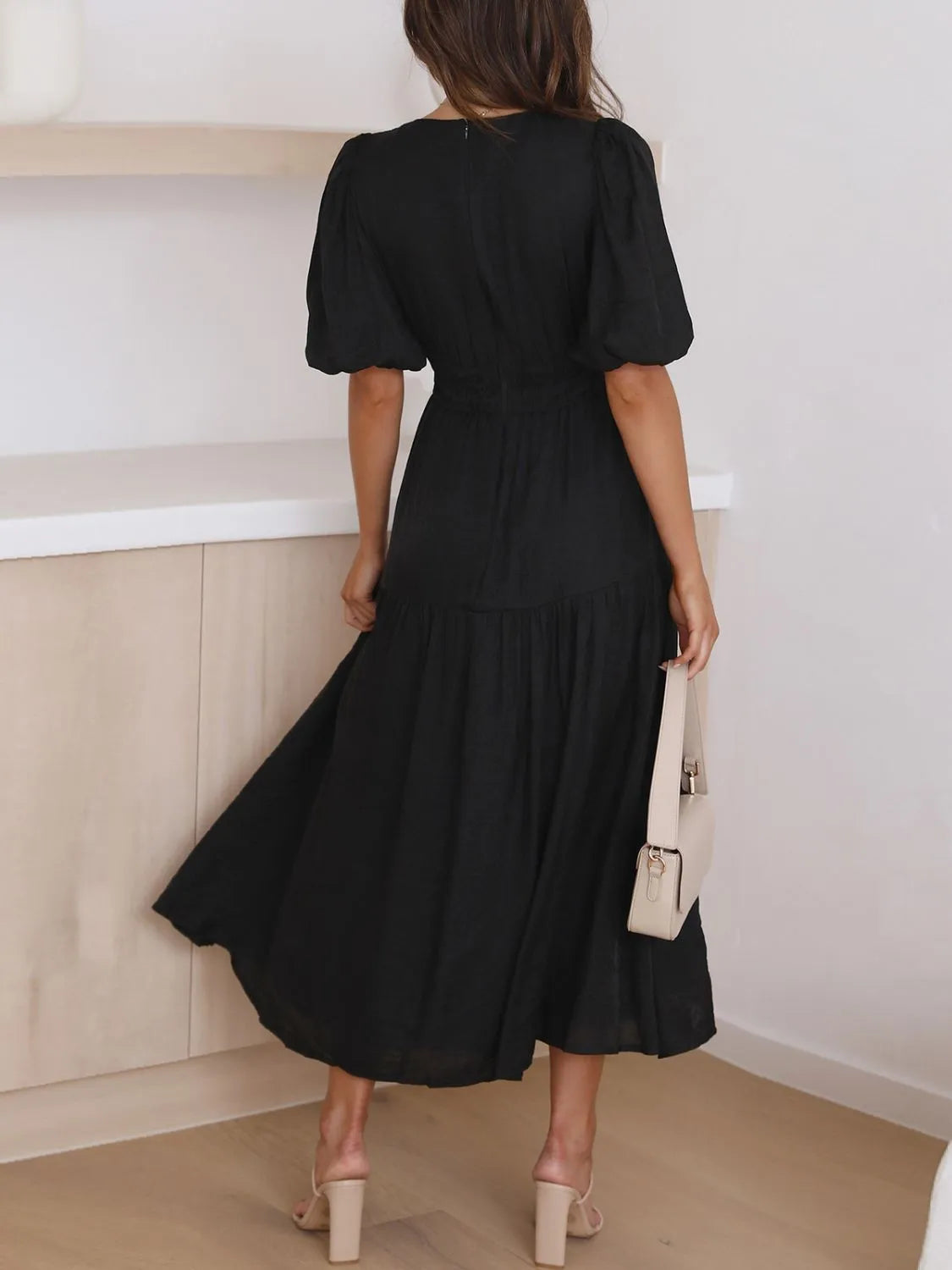 V-Neck Puff Sleeve Midi Dress | Elegant Styles at CentPrime