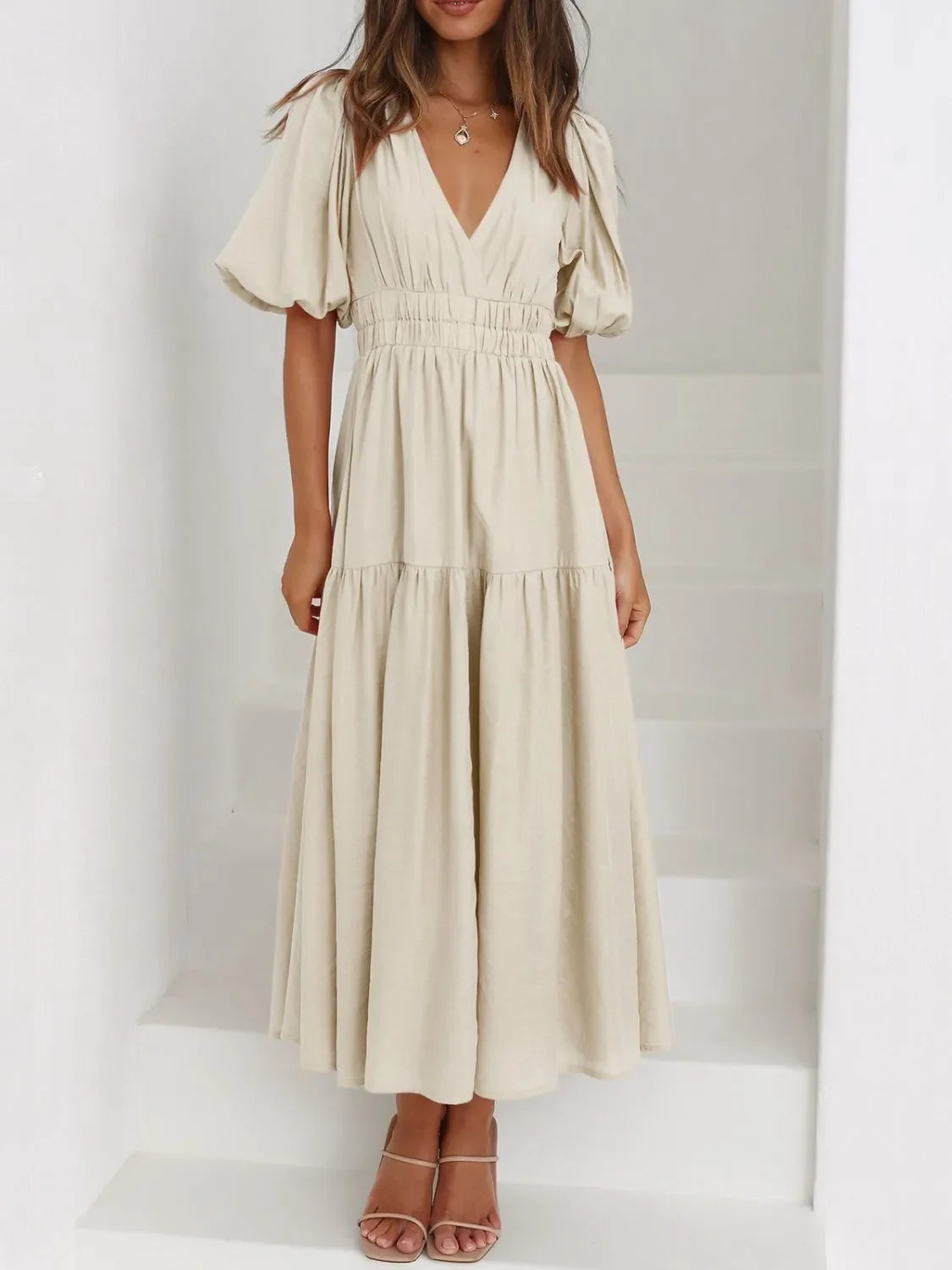 V-Neck Puff Sleeve Midi Dress | Elegant Styles at CentPrime