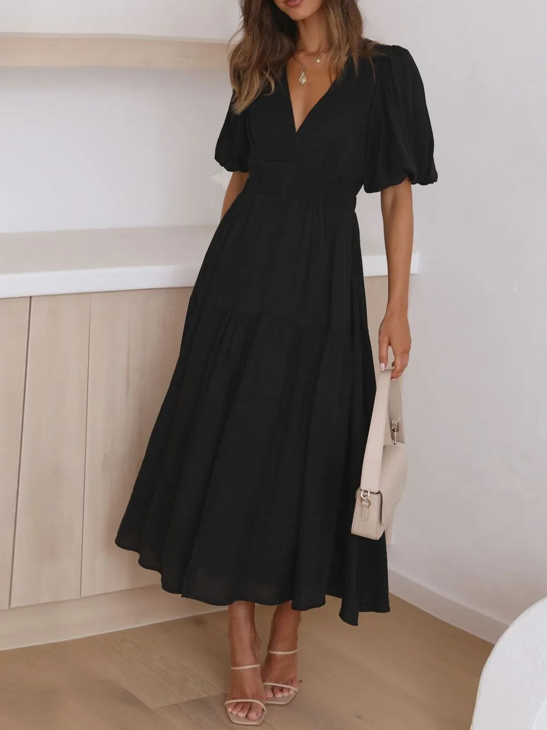 V-Neck Puff Sleeve Midi Dress | Elegant Styles at CentPrime