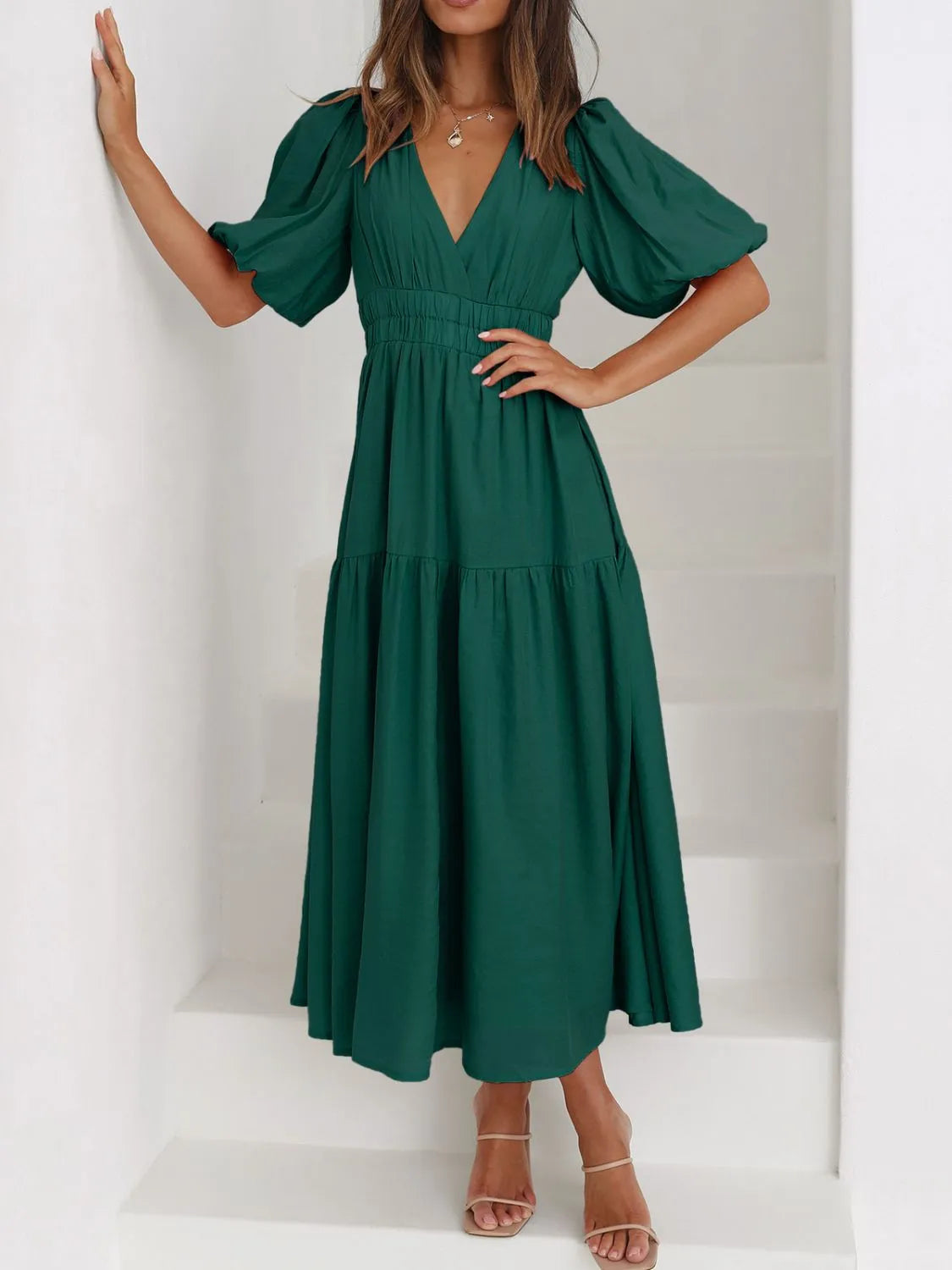 V-Neck Puff Sleeve Midi Dress | Elegant Styles at CentPrime
