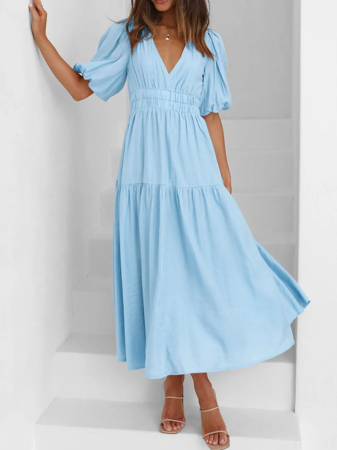 V-Neck Puff Sleeve Midi Dress | Elegant Styles at CentPrime