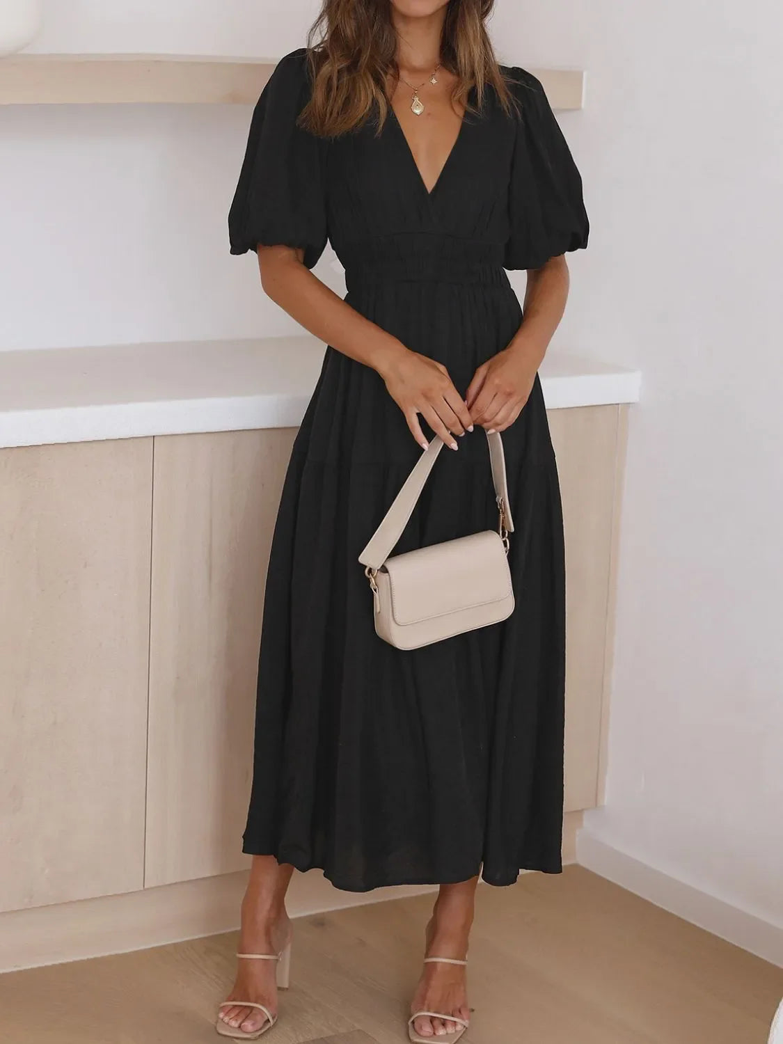 V-Neck Puff Sleeve Midi Dress | Elegant Styles at CentPrime