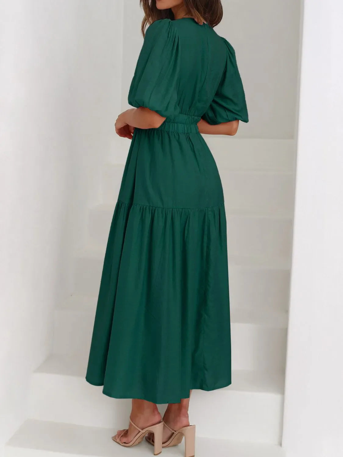 V-Neck Puff Sleeve Midi Dress | Elegant Styles at CentPrime