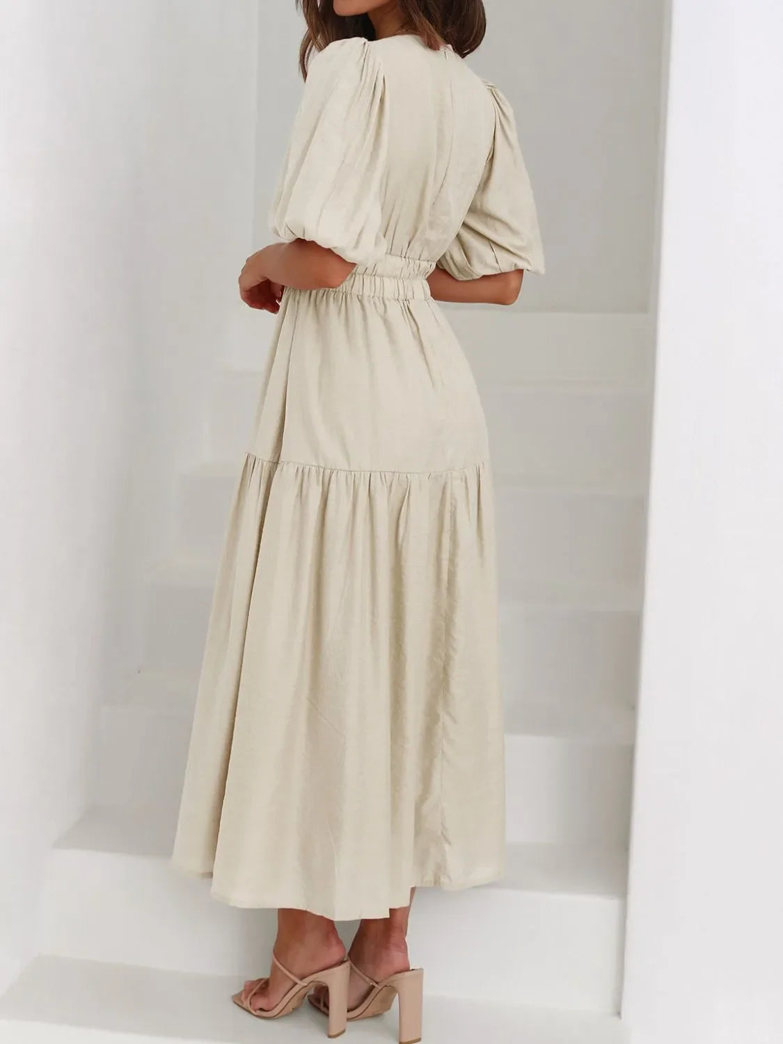 V-Neck Puff Sleeve Midi Dress | Elegant Styles at CentPrime