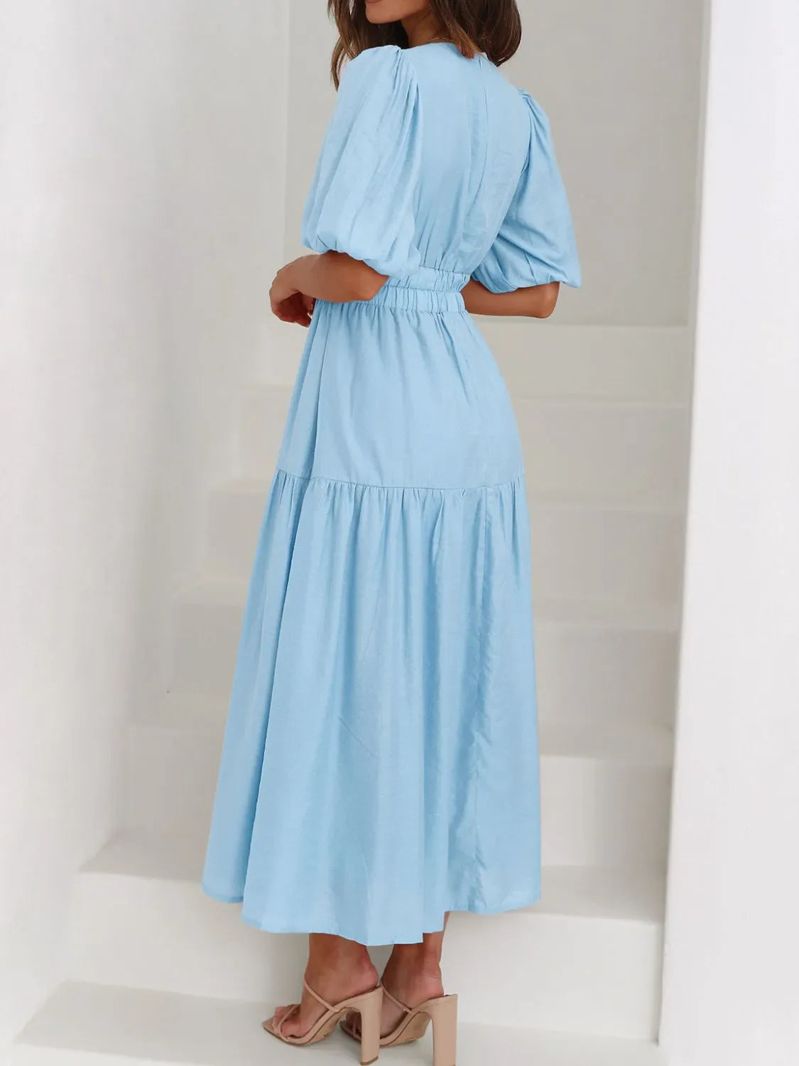 V-Neck Puff Sleeve Midi Dress | Elegant Styles at CentPrime