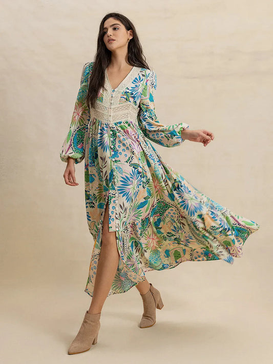 Slit Printed V-Neck Dress – Stylish & Breezy for Any Occasion