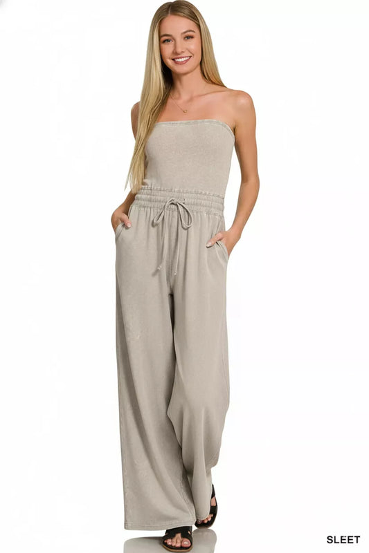 Zenana Acid Washed Strapless Tube Top Jumpsuit front detail showing fabric texture and strapless neckline