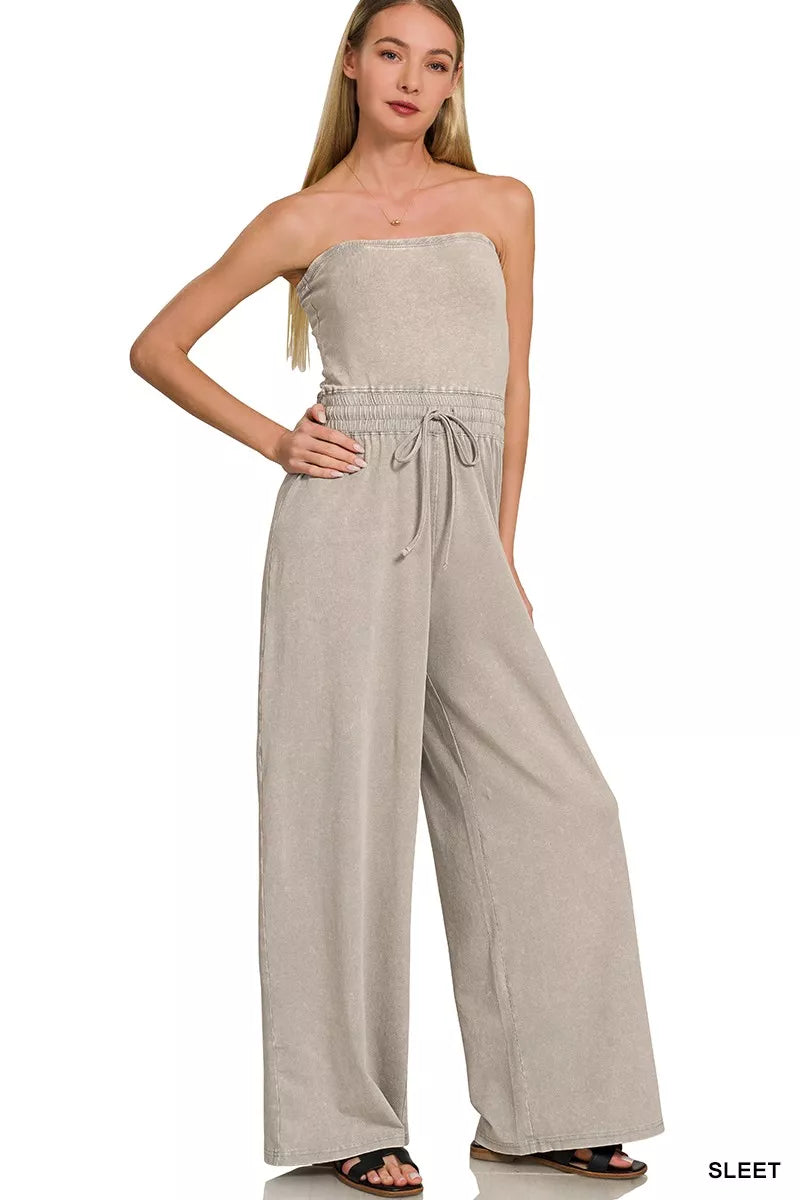 Zenana Acid Washed Strapless Tube Top Jumpsuit front view, women's trendy one-piece outfit