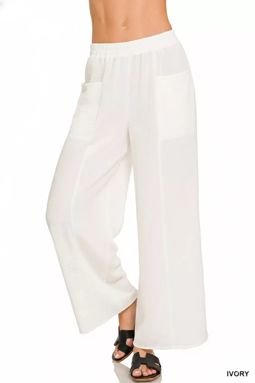 Zenana Woven Airflow Elastic Waistband Pants with Pockets