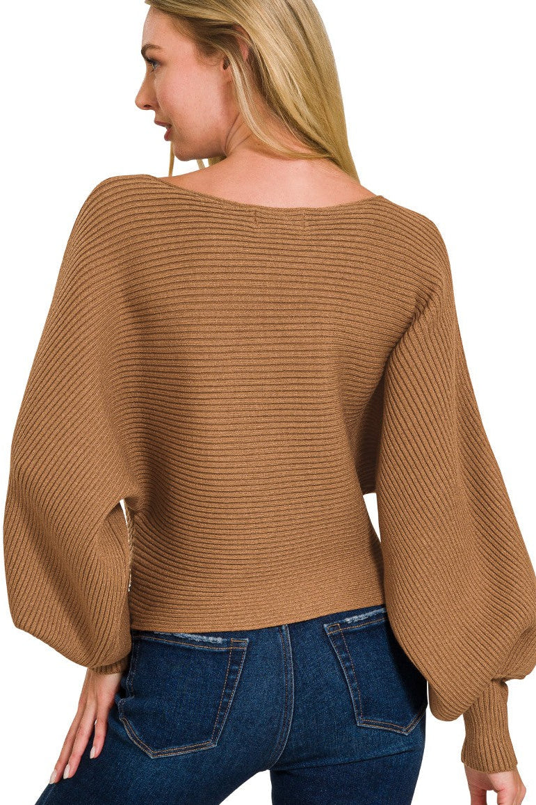 Back view of Zenana boat neck balloon sleeve sweater in ribbed knit, relaxed dolman pullover style in deep camel for women