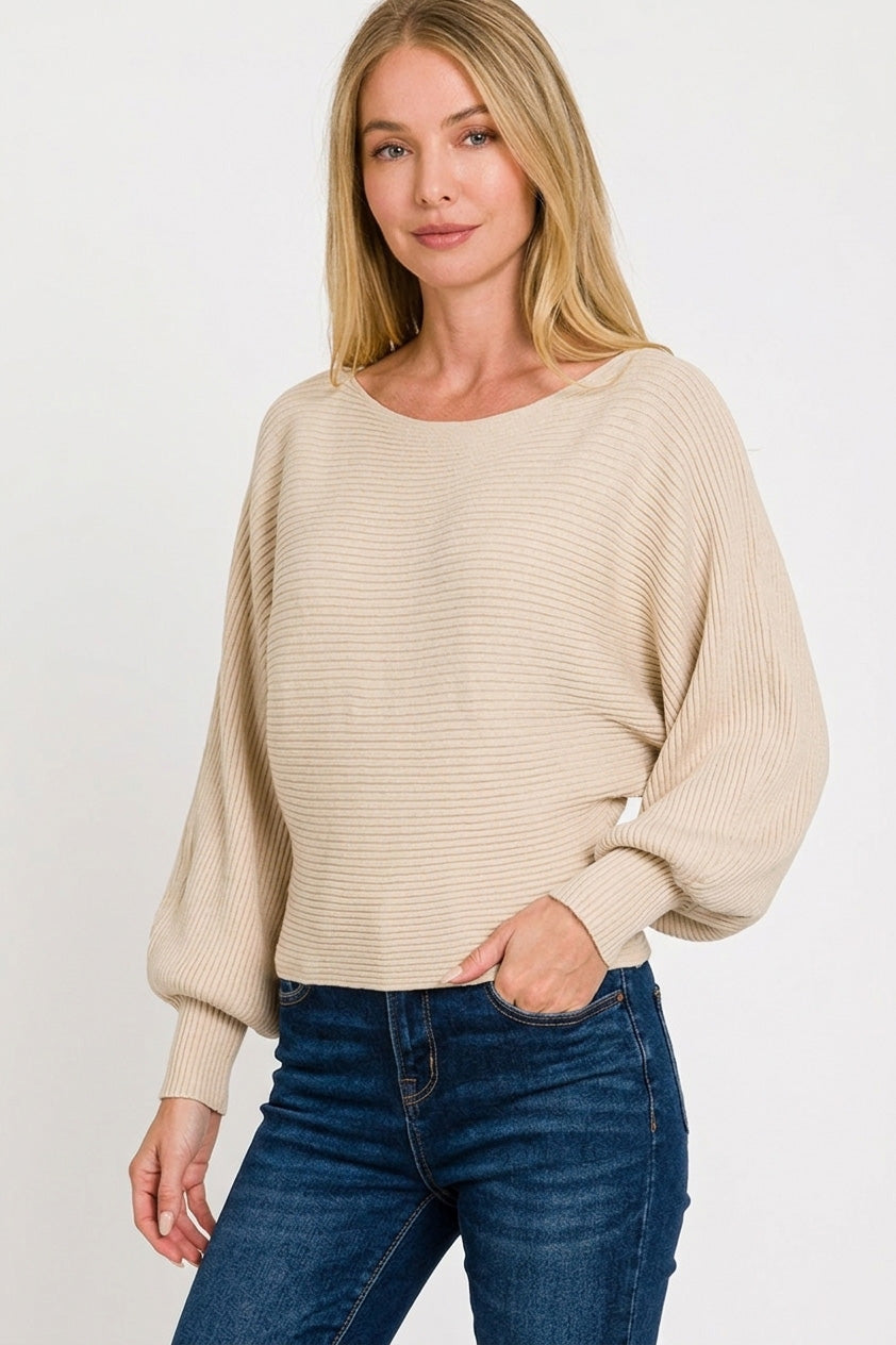 Zenana boat neck balloon sleeve sweater front view, model facing front with arms slightly out, ribbed knit texture, dolman sleeve shape, boat neckline