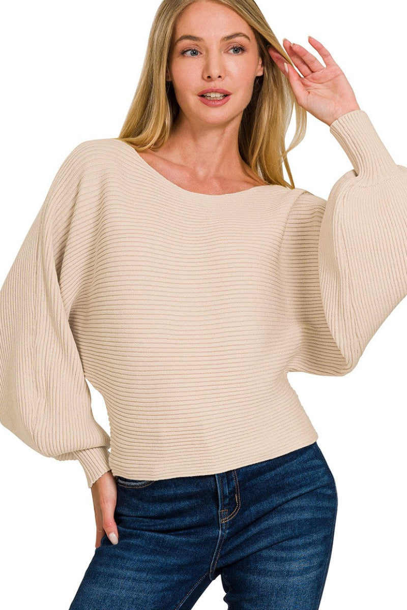 Zenana boat neck balloon sleeve sweater front close up view, model facing front, focus on boat neckline and balloon sleeve volume, ribbed dolman knit pullover