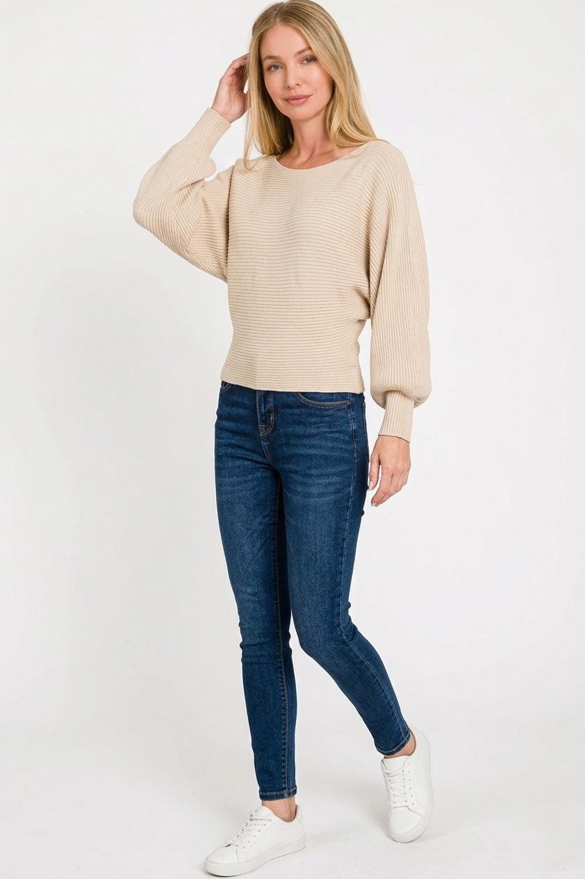 Zenana boat neck balloon sleeve sweater front view full length, model facing front, ribbed knit dolman pullover, wide balloon sleeves, relaxed fit