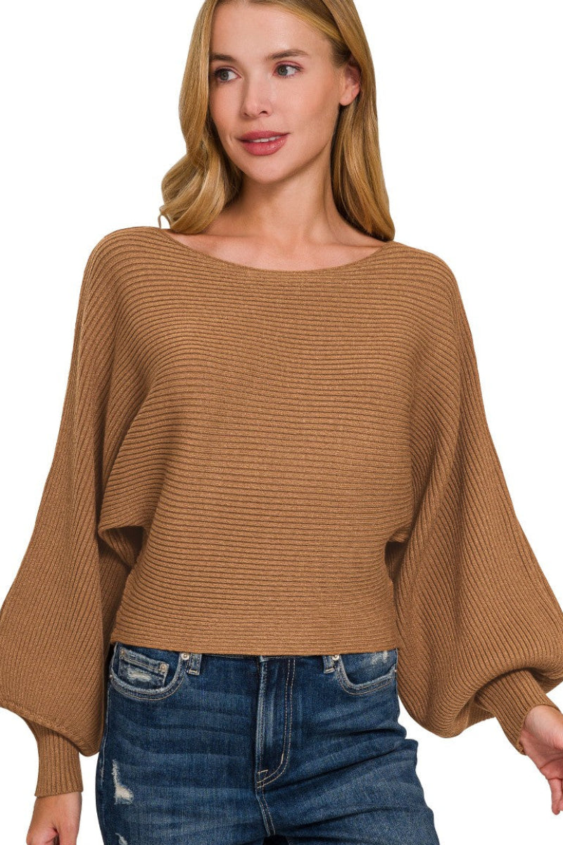 Zenana boat neck balloon sleeve sweater front view in deep camel, ribbed dolman pullover with relaxed fit for women’s fall fashion