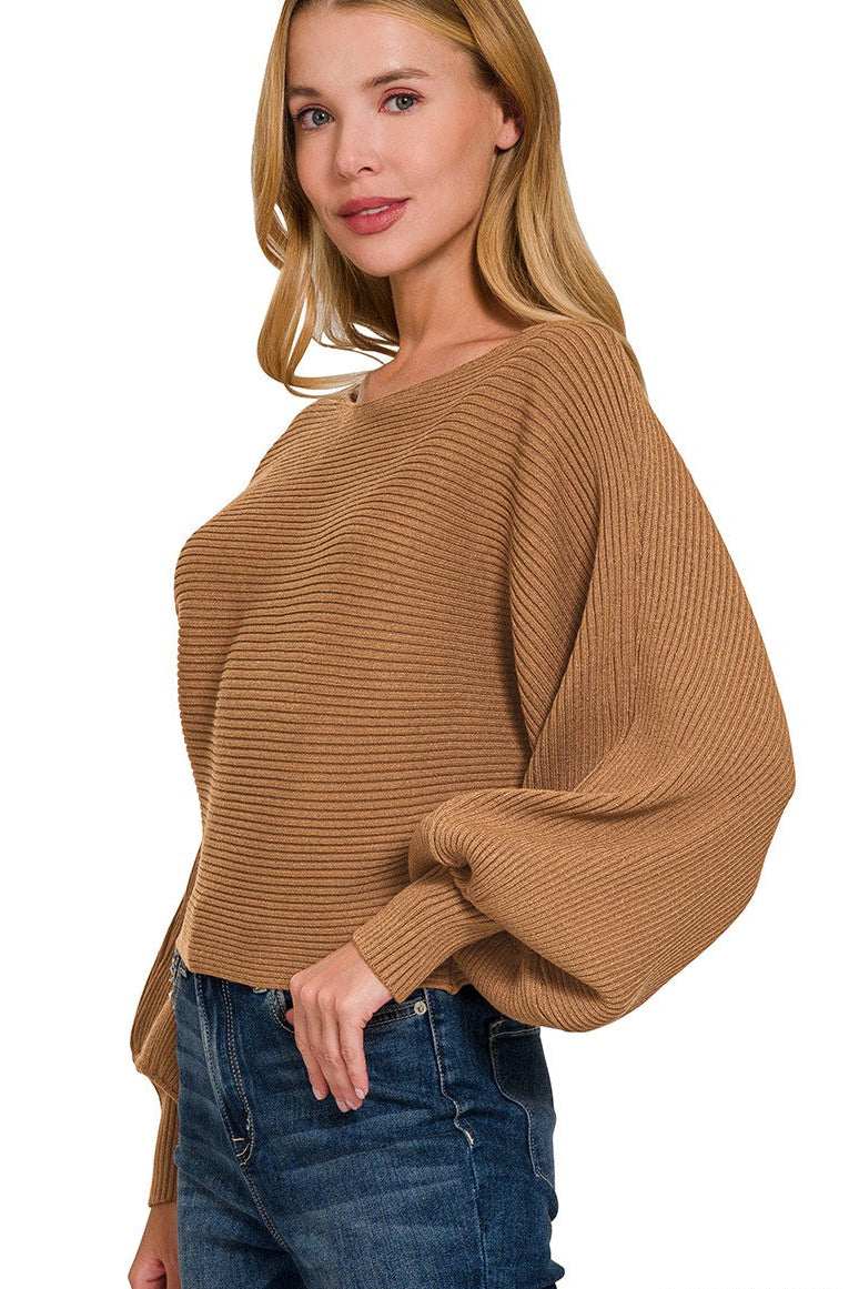 Side view of Zenana boat neck balloon sleeve sweater showing balloon sleeves and dolman fit, cozy women’s knitwear in deep camel
