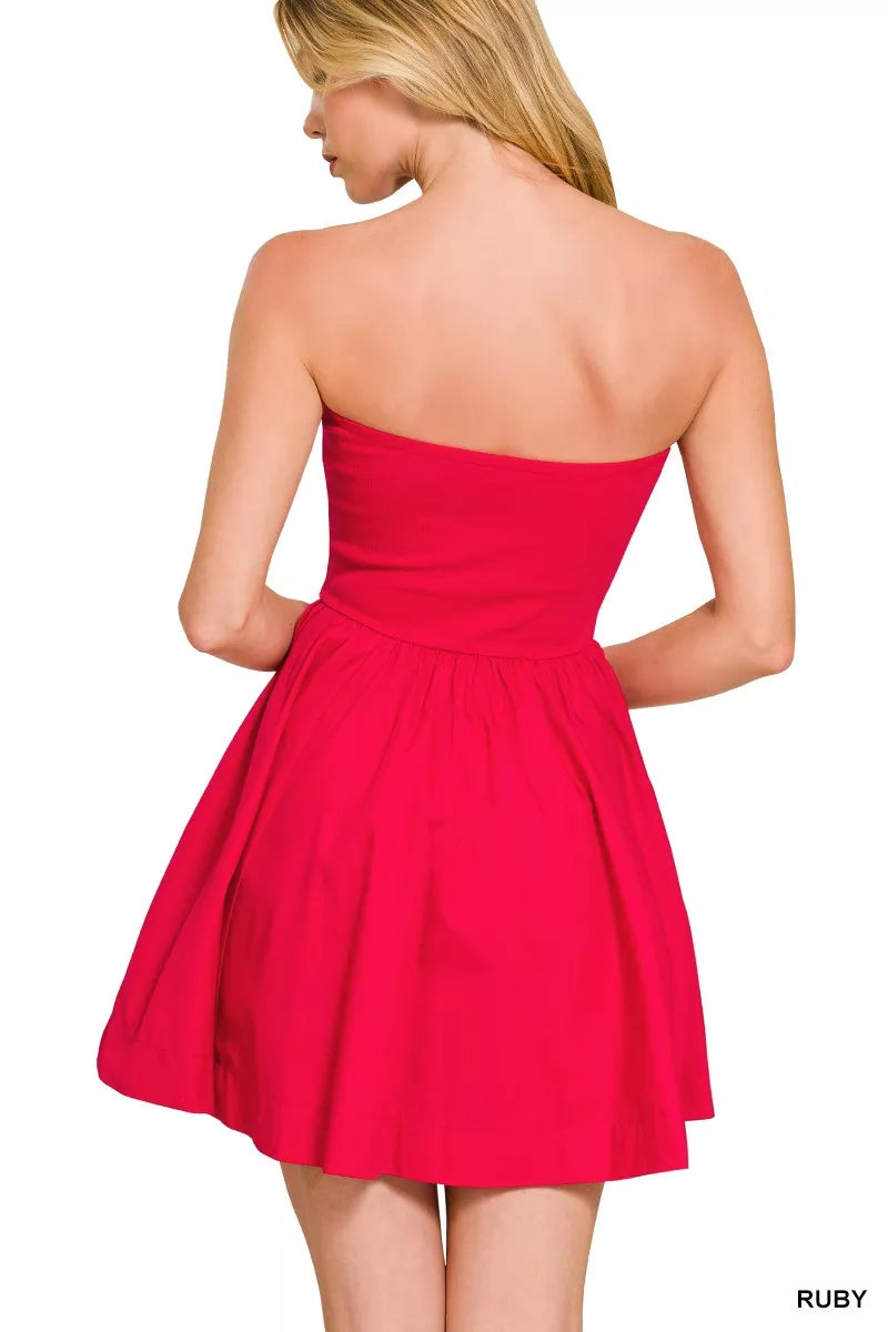Back view of Zenana combined knit tube top flare mini dress on model
