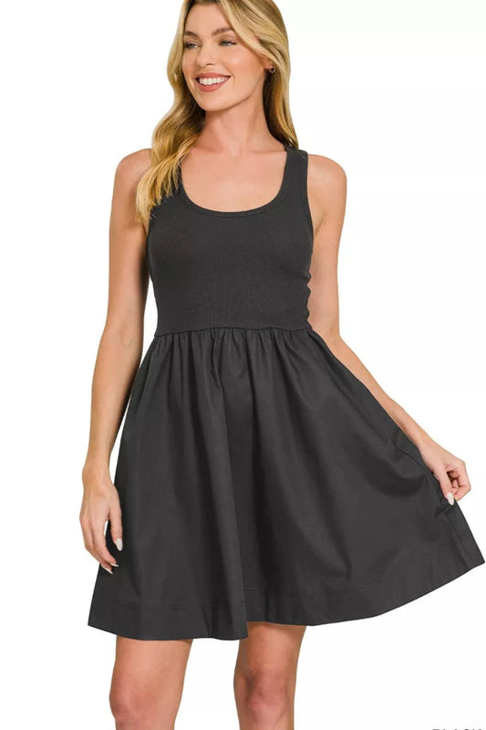 Zenana Combined Knit & Woven Midi Dress front view showing soft knit and woven panel details with flattering midi length