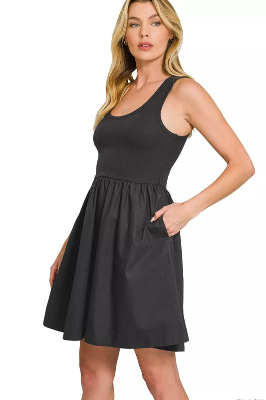 Side view of Zenana Combined Knit & Woven Midi Dress showing soft drape and relaxed silhouette for everyday wear