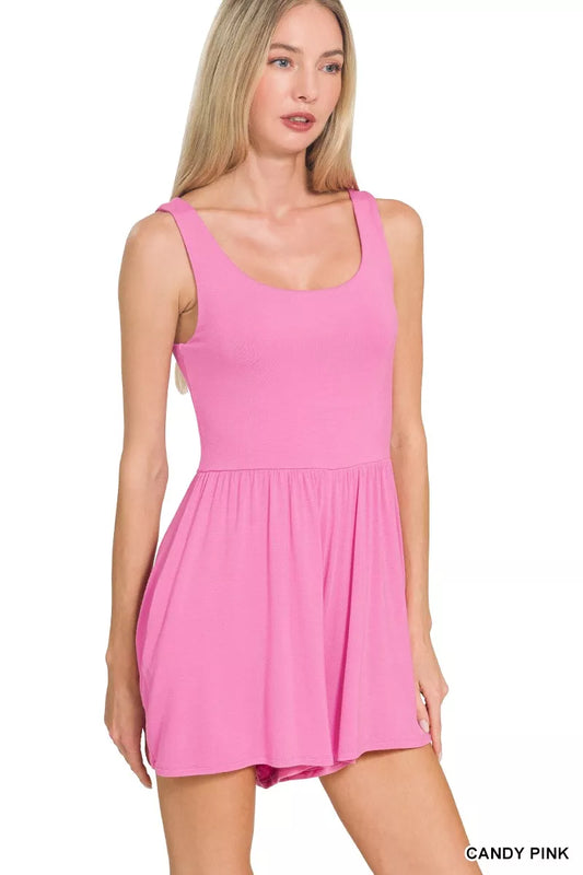 Zenana Double Layered Tank Romper front view model standing, trendy casual one-piece outfit