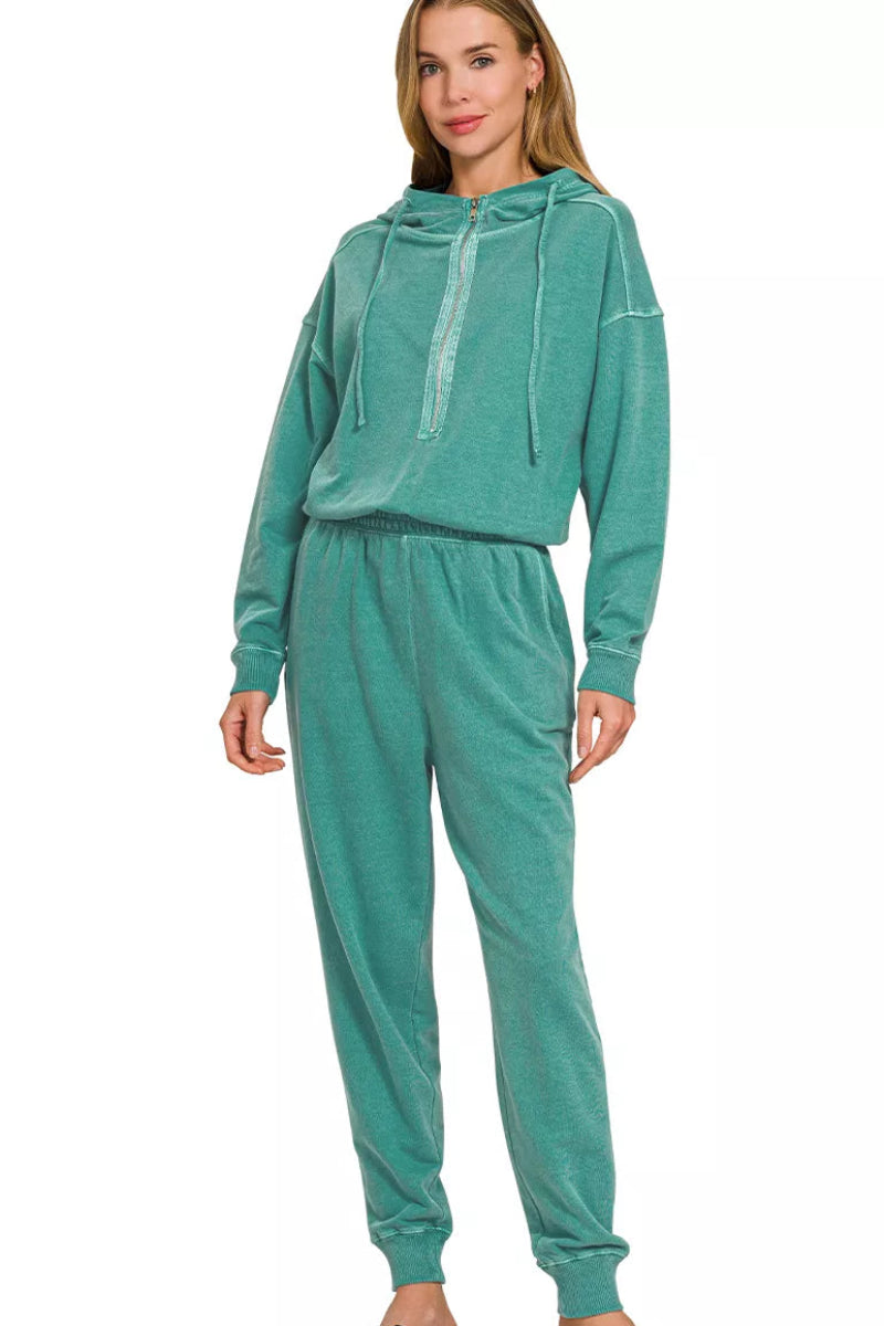 Zenana enzyme washed French terry jumpsuit front view, model standing relaxed, soft cotton one piece in neutral tone, loose fit