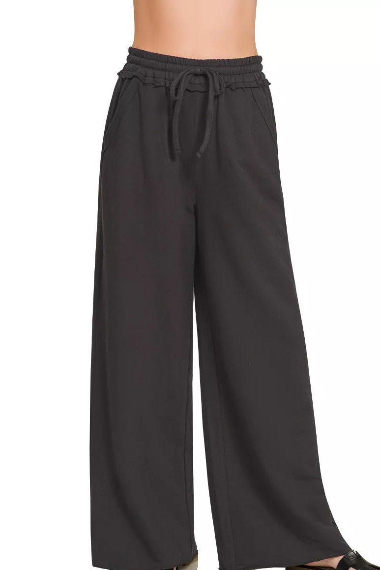 Zenana French Terry wide leg sweatpants front view, model facing front, relaxed cotton lounge pants, wide leg silhouette, soft French terry fabric