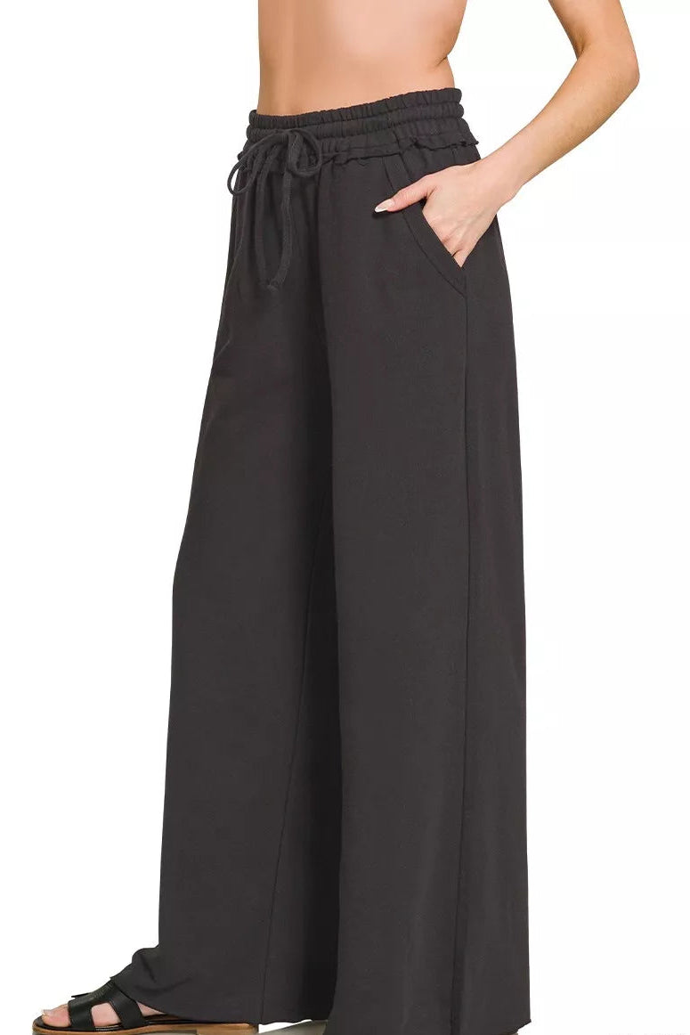 Zenana French Terry wide leg sweatpants side view, model standing sideways, relaxed lounge pants, wide leg drape, cotton French terry material