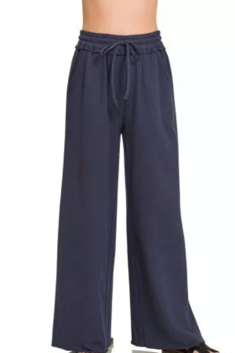 Zenana French Terry wide leg sweatpants for women model standing facing front, showing relaxed wide leg fit, French Terry fabric, elastic waistband, full-length loungewear view