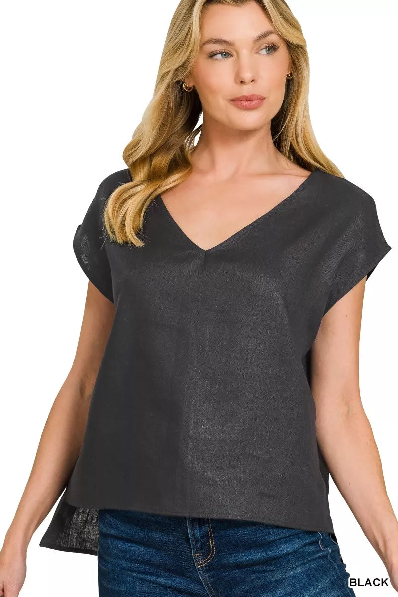 Front view of Zenana Linen V-Neck Sleeveless Top showing lightweight breathable fabric and relaxed summer fit