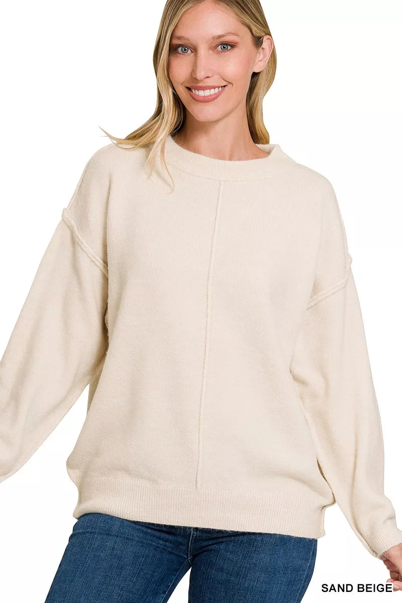 Melange Front Seam Round-Neck Sweater by Zenana – Cozy & Stylish