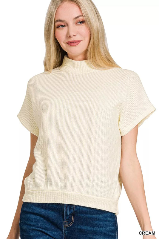 Zenana mock neck short sleeve sweater front view on model.
