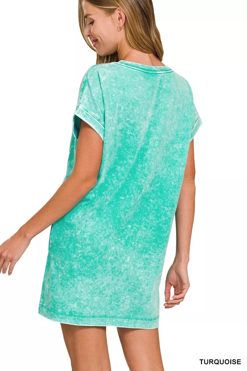 Back view of Zenana premium cotton washed T-shirt dress showing length and fit.

