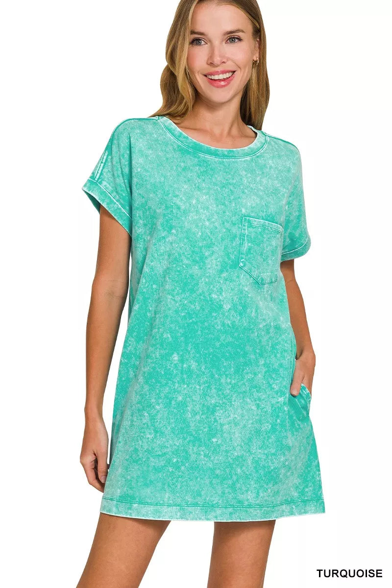 Zenana premium cotton washed T-shirt dress front view on model.
