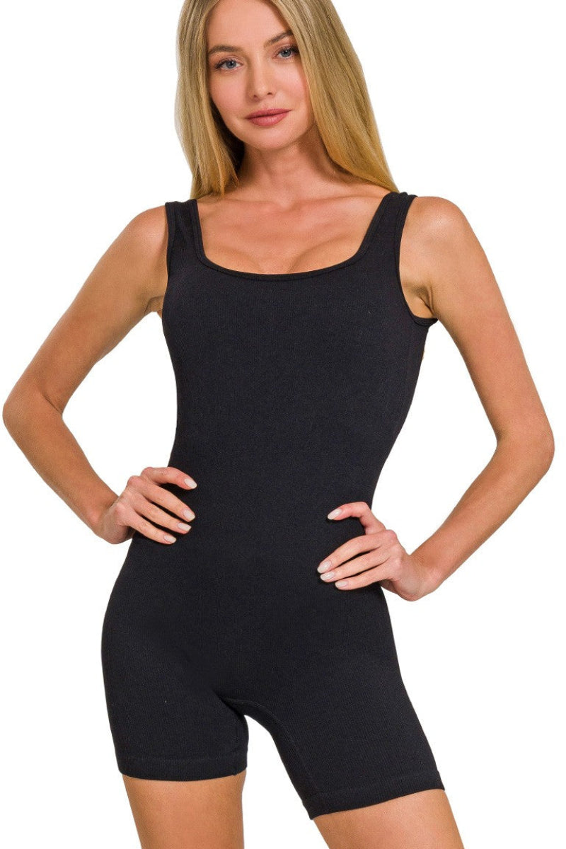 Zenana ribbed seamless bodycon romper front view with contouring fit, flattering women’s casual fashion outfit