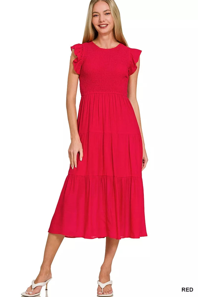 Zenana Smocked Ruffle Sleeve Midi Dress | Flowy Womens Boutique Style