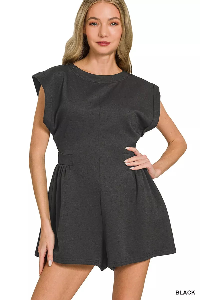 Model wearing Zenana Scuba Open Back Romper front view showing sculpted fit and smooth scuba fabric detail.