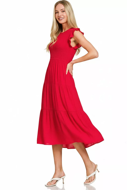 Zenana Smocked Ruffle Sleeve Midi Dress | Flowy Womens Boutique Style