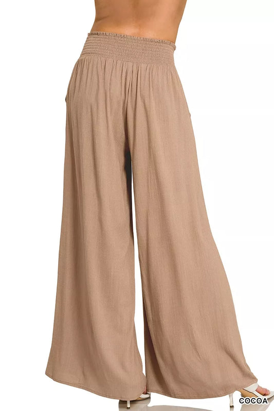 Front detail of Zenana smocked waistband wide leg lounge pants showing soft fabric
