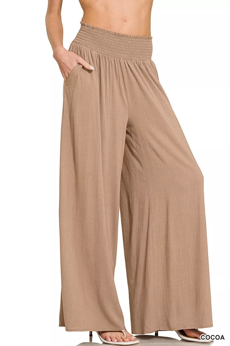 Side view of Zenana smocked waistband wide leg lounge pants showing drape and flow
