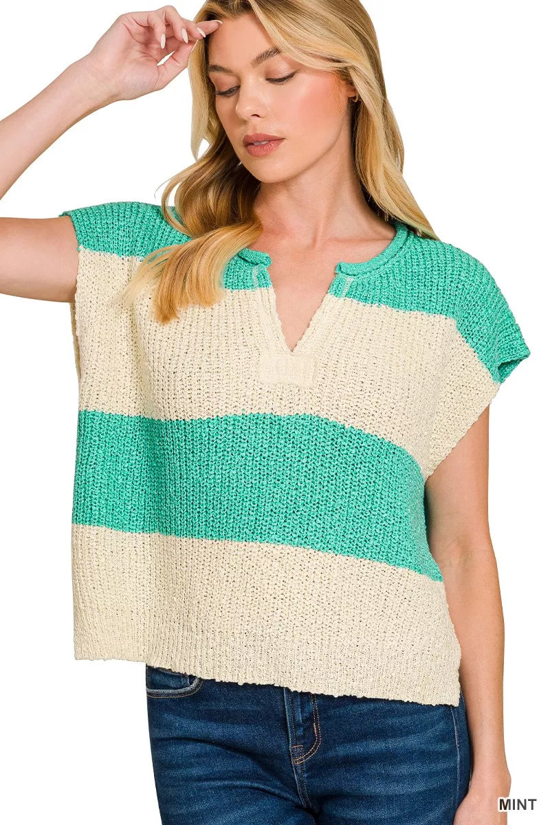 Split Neck Sleeveless Stripe Sweater | Zenana | Centprime