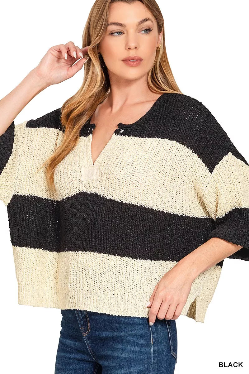 Split Neck Stripe Sweater – Zenana Stylish and Cozy Knitwear
