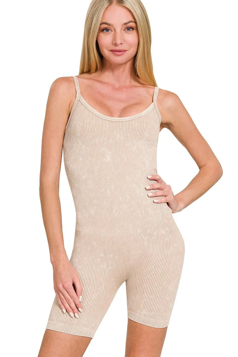 Alt text: Zenana stone washed ribbed seamless romper front view, model standing straight, stretchy bodycon lounge one piece, fitted silhouette, soft ribbed fabric

