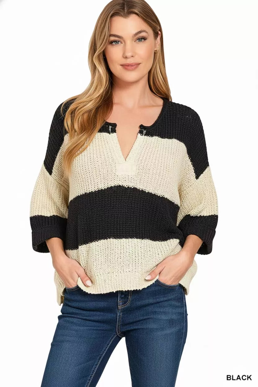 Split Neck Stripe Sweater – Zenana Stylish and Cozy Knitwear
