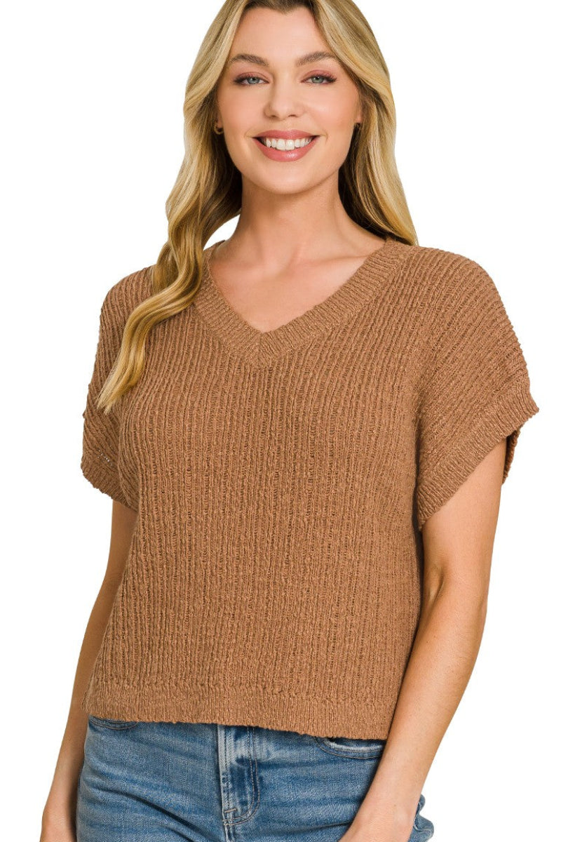 Zenana textured knit V-neck cropped sweater vest for women model standing facing front, showing V-neckline, textured knit pattern, cropped length, sleeveless vest design