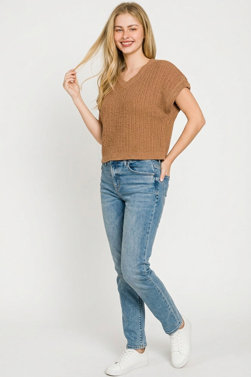 Zenana textured knit V-neck cropped sweater vest for women second front view, model facing front, highlighting knit texture, cropped fit, and V-neck detail