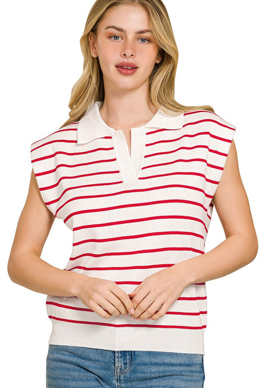 Front close-up of Zenana Striped Knit Polo Collar Sweater Vest highlighting soft knit fabric and classic stripes for US fashion trends