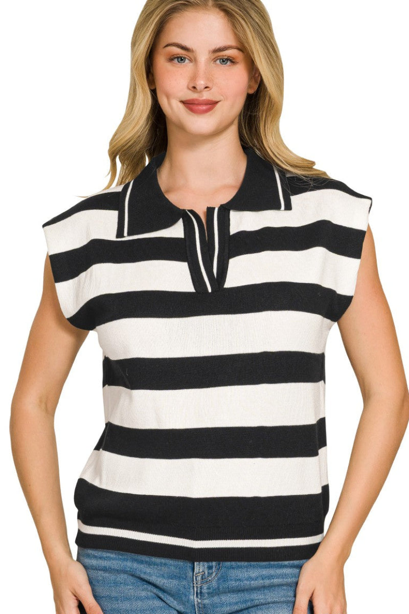 Front view of Zenana viscose striped collared sweater vest. Sleeveless polo knit top. Vertical or horizontal stripes. Relaxed fit. Soft viscose fabric. Preppy layering piece.